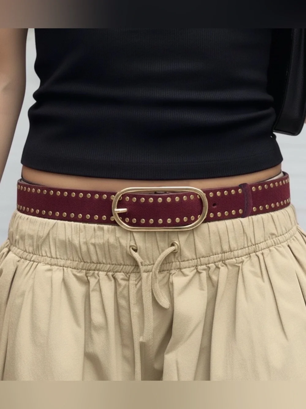 Studded Burgundy Suede Belt with Gold Buckle